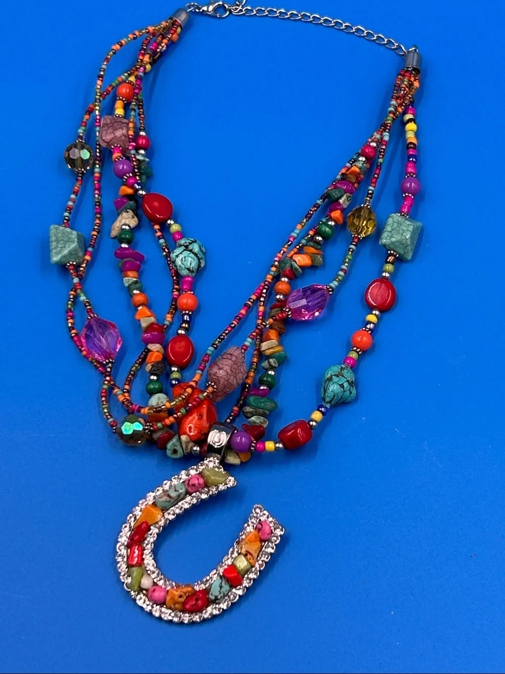 Multicolor Beaded Horseshoe Pendant Necklace - Women's Jewelry